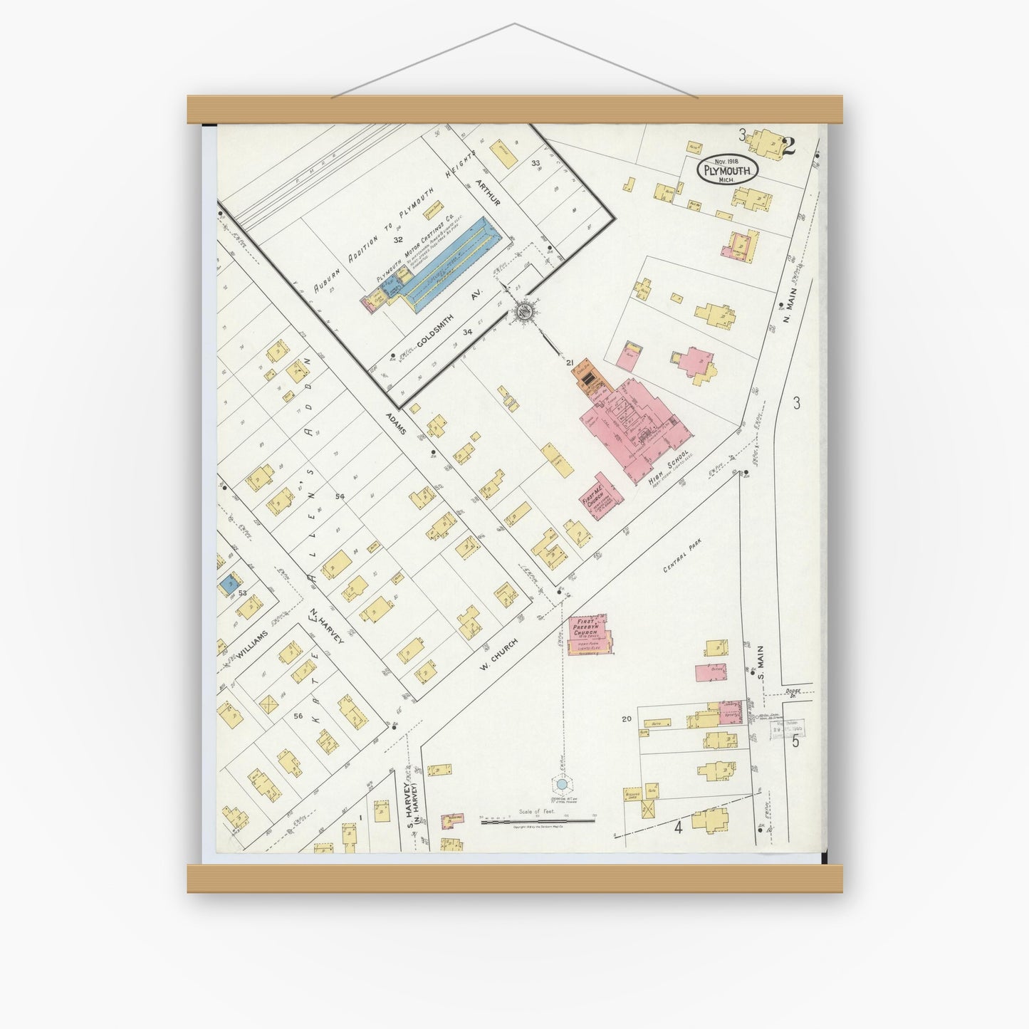 Old map wall art mockup — magnetic wood frame on white wall — Sanborn Fire Insurance Map from Plymouth, Wayne County, Michigan (1918), Sheet #0002