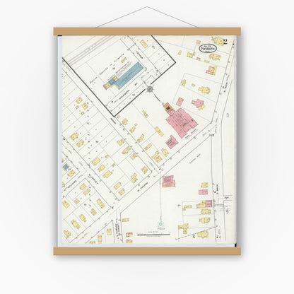 Old map wall art mockup — magnetic wood frame on white wall — Sanborn Fire Insurance Map from Plymouth, Wayne County, Michigan (1918), Sheet #0002
