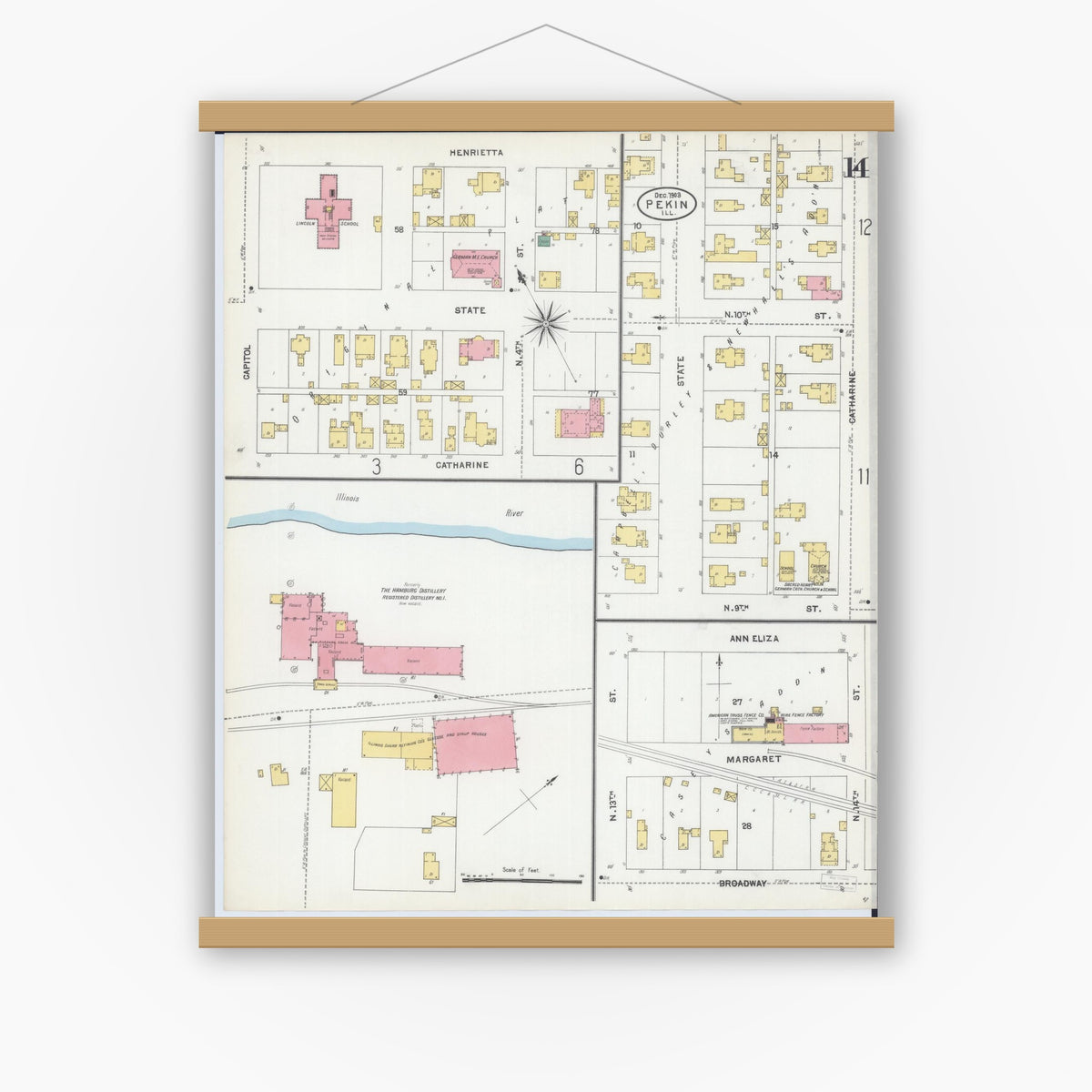 Old map wall art mockup — magnetic wood frame on white wall — Sanborn Fire Insurance Map from Pekin, Tazewell County, Illinois (1903), Sheet #0014