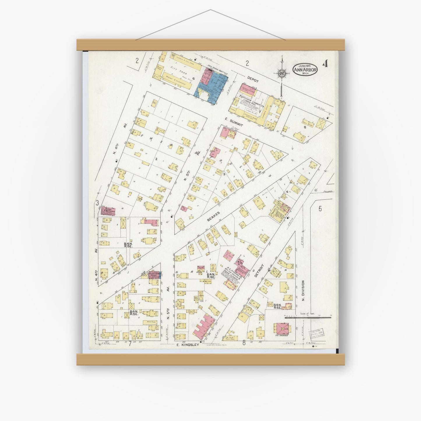 Old map wall art mockup — magnetic wood frame on white wall — Sanborn Fire Insurance Map from Ann Arbor, Washtenaw County, Michigan (1916), Sheet #0004