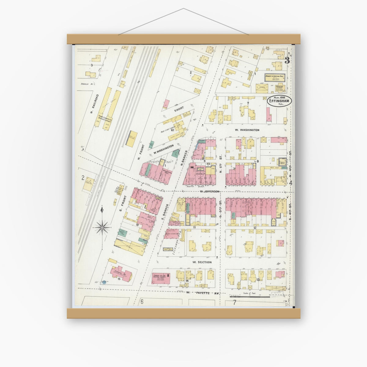 Old map wall art mockup — magnetic wood frame on white wall — Sanborn Fire Insurance Map from Effingham, Effingham County, Illinois (1906), Sheet #0003