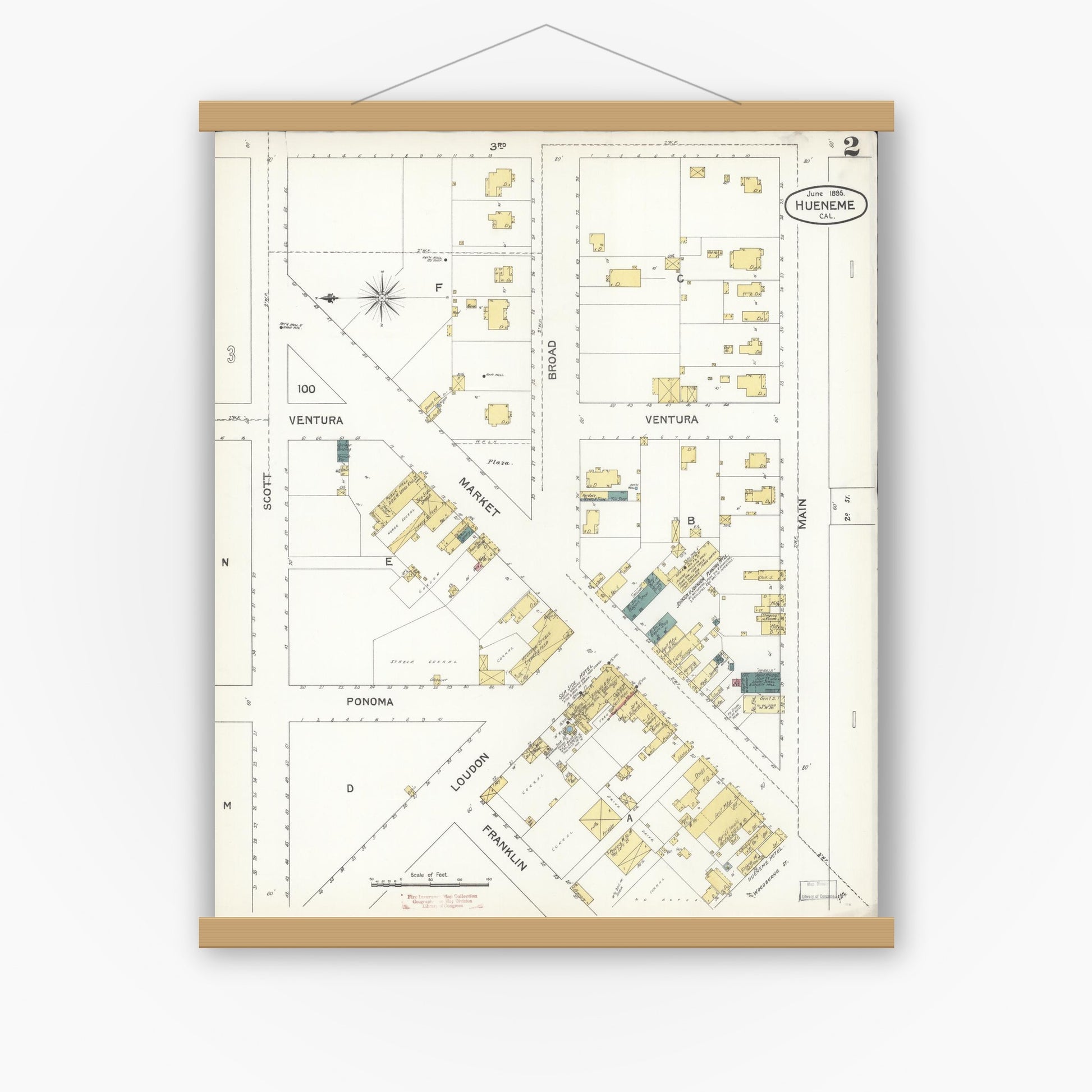 Old map wall art mockup — magnetic wood frame on white wall — Sanborn Fire Insurance Map from Hueneme, Ventura County, California (1895), Sheet #0002