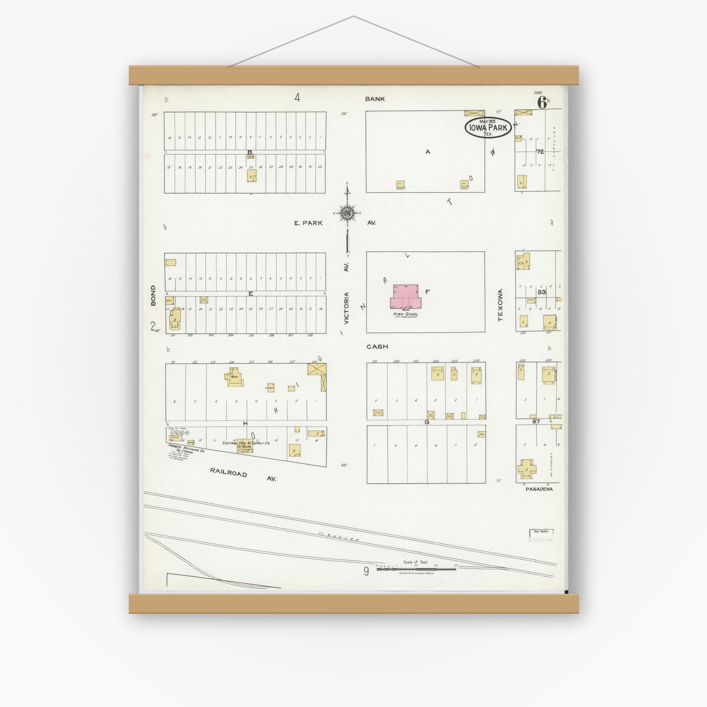 Old map wall art mockup — magnetic wood frame on white wall — Sanborn Fire Insurance Map from Iowa Park, Wichita County, Texas (1921), Sheet #0006