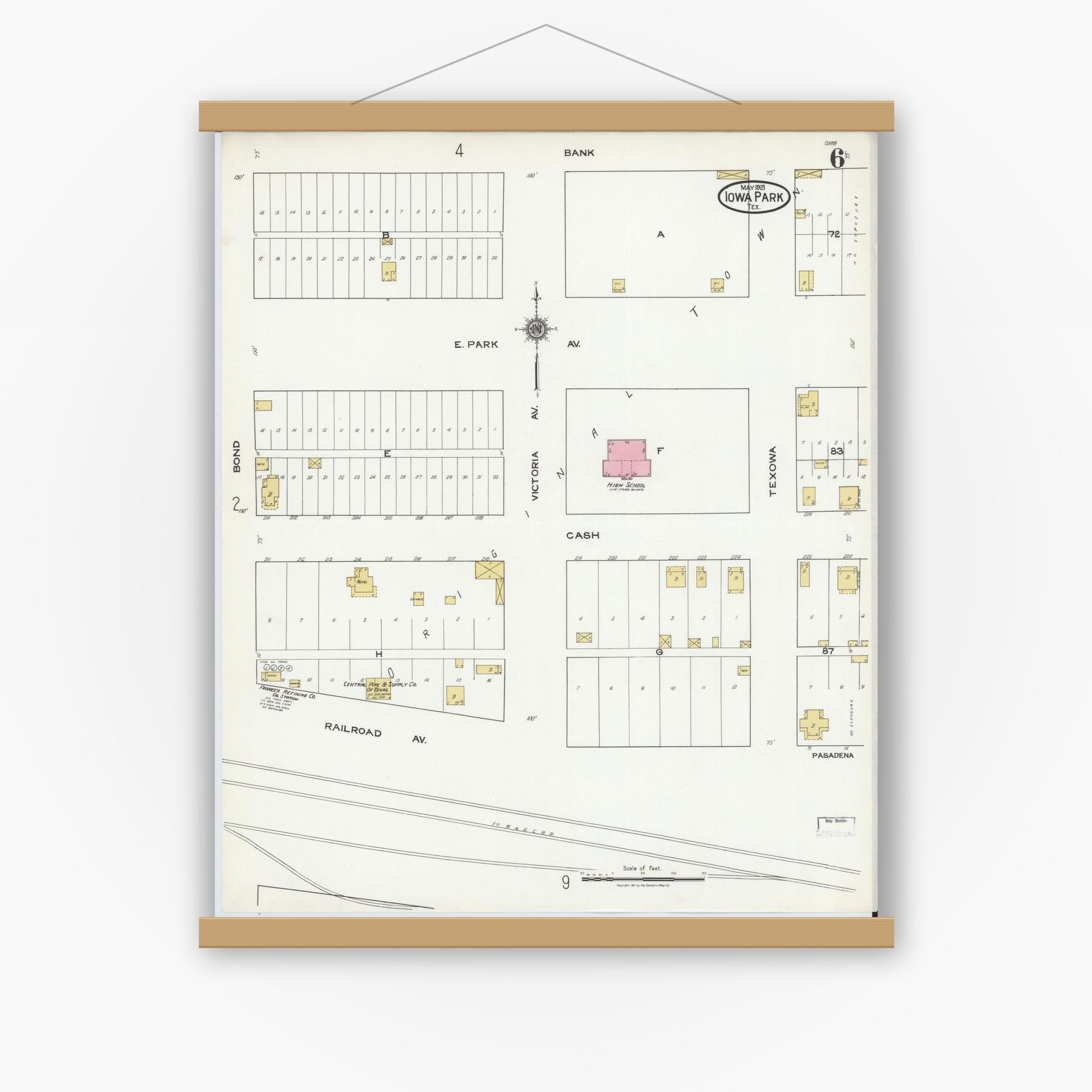 Old map wall art mockup — magnetic wood frame on white wall — Sanborn Fire Insurance Map from Iowa Park, Wichita County, Texas (1921), Sheet #0006