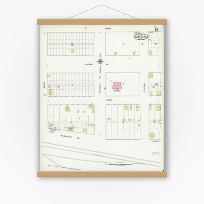 Old map wall art mockup — magnetic wood frame on white wall — Sanborn Fire Insurance Map from Iowa Park, Wichita County, Texas (1921), Sheet #0006