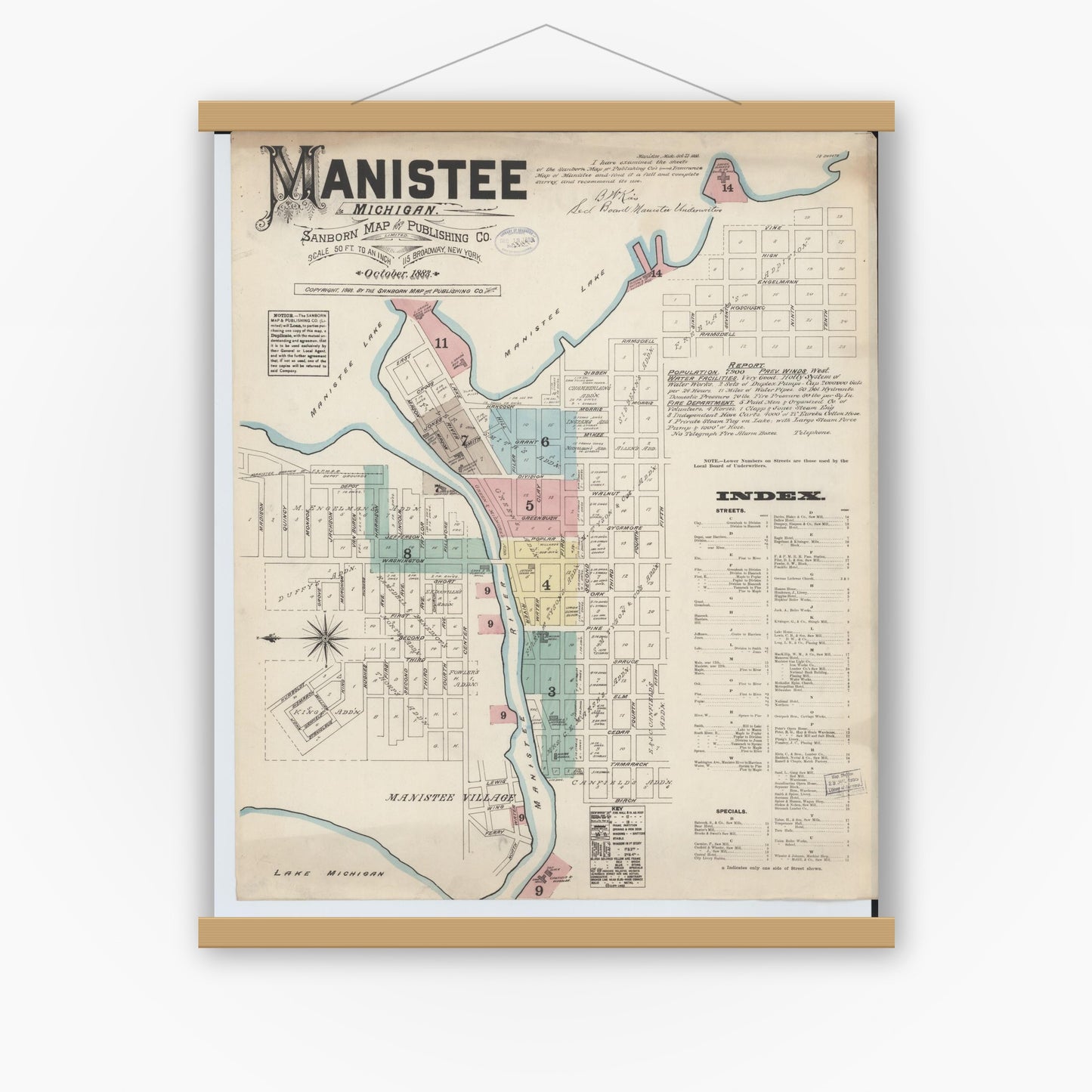 Old map wall art mockup — magnetic wood frame on white wall — Sanborn Fire Insurance Map from Manistee, Manistee County, Michigan (1883) - Complete Map Set