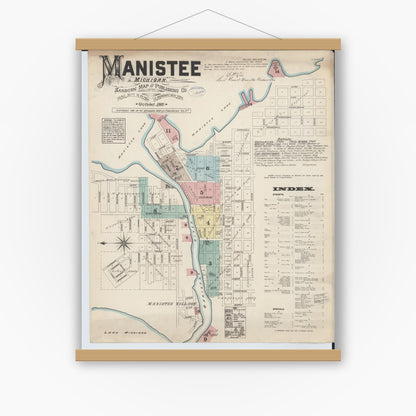 Old map wall art mockup — magnetic wood frame on white wall — Sanborn Fire Insurance Map from Manistee, Manistee County, Michigan (1883) - Complete Map Set