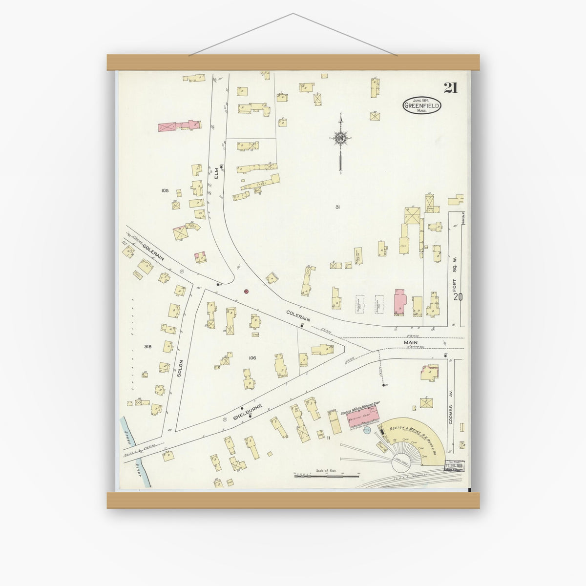 Old map wall art mockup — magnetic wood frame on white wall — Sanborn Fire Insurance Map from Greenfield, Franklin County, Massachusetts (1914), Sheet #0021