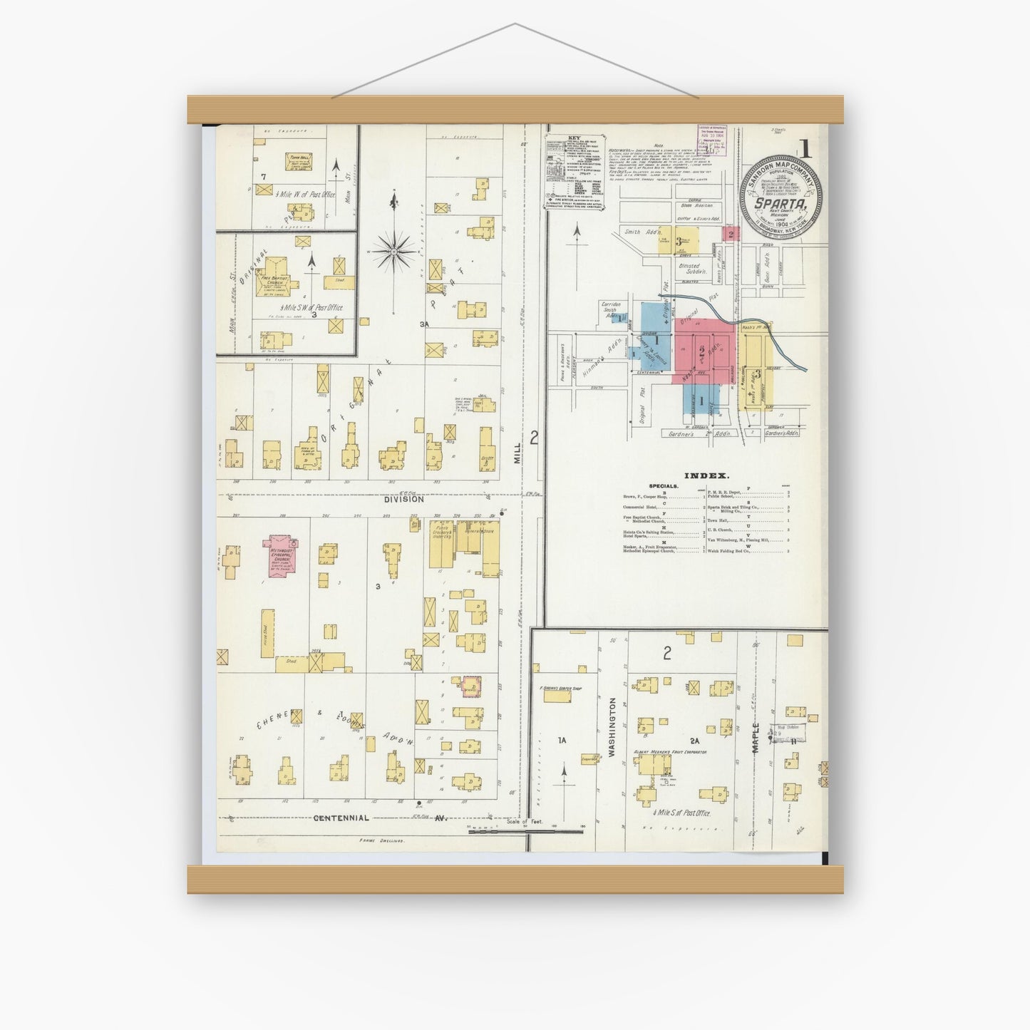 Old map wall art mockup — magnetic wood frame on white wall — Sanborn Fire Insurance Map from Sparta, Kent County, Michigan (1904) - Complete Map Set