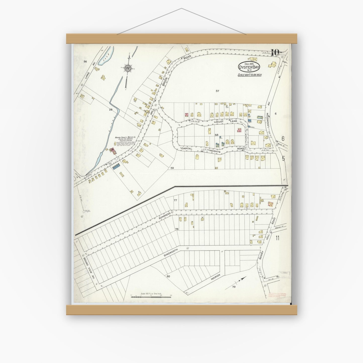 Old map wall art mockup — magnetic wood frame on white wall — Sanborn Fire Insurance Map from Oyster Bay, Nassau County, New York (1915), Sheet #0010