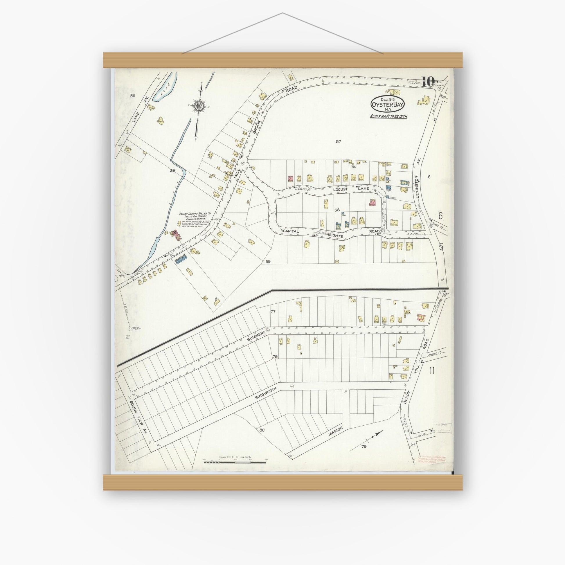 Old map wall art mockup — magnetic wood frame on white wall — Sanborn Fire Insurance Map from Oyster Bay, Nassau County, New York (1915), Sheet #0010