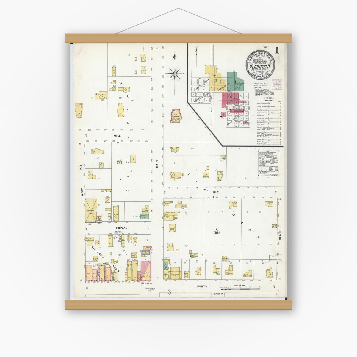 Old map wall art mockup — magnetic wood frame on white wall — Sanborn Fire Insurance Map from Plainfield, Waushara County, Wisconsin (1908), Sheet #0001