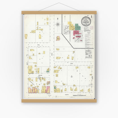 Old map wall art mockup — magnetic wood frame on white wall — Sanborn Fire Insurance Map from Plainfield, Waushara County, Wisconsin (1908), Sheet #0001