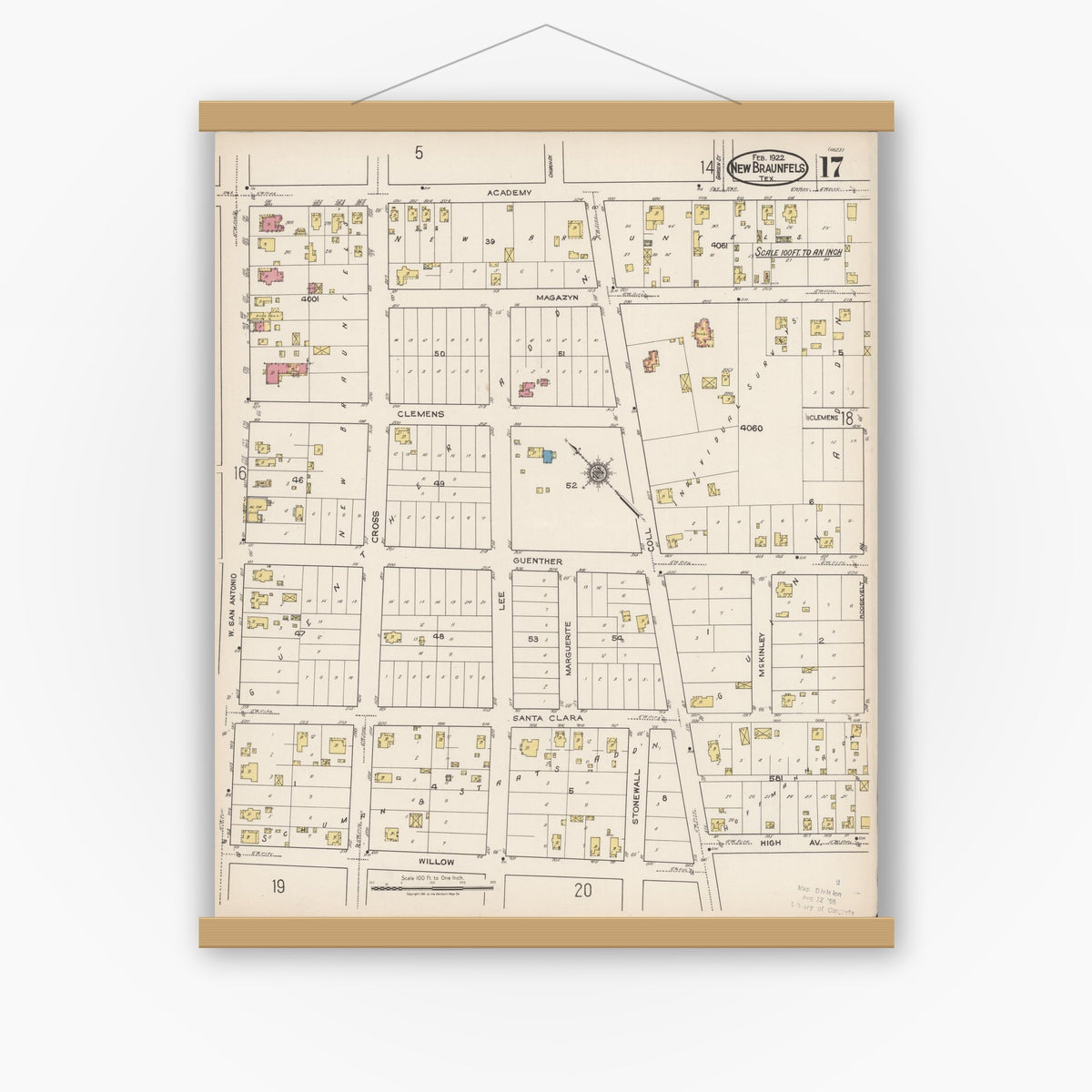 Old map wall art mockup — magnetic wood frame on white wall — Sanborn Fire Insurance Map from New Braunfels, Comal County, Texas (1922), Sheet #0017