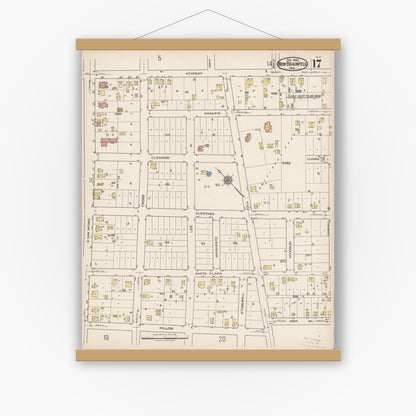 Old map wall art mockup — magnetic wood frame on white wall — Sanborn Fire Insurance Map from New Braunfels, Comal County, Texas (1922), Sheet #0017