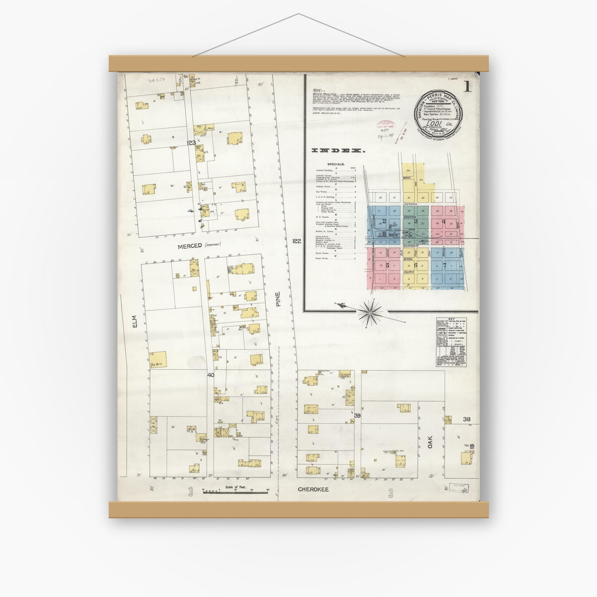 Old map wall art mockup — magnetic wood frame on white wall — Sanborn Fire Insurance Map from Lodi, San Joaquin County, California (1895) - Complete Map Set