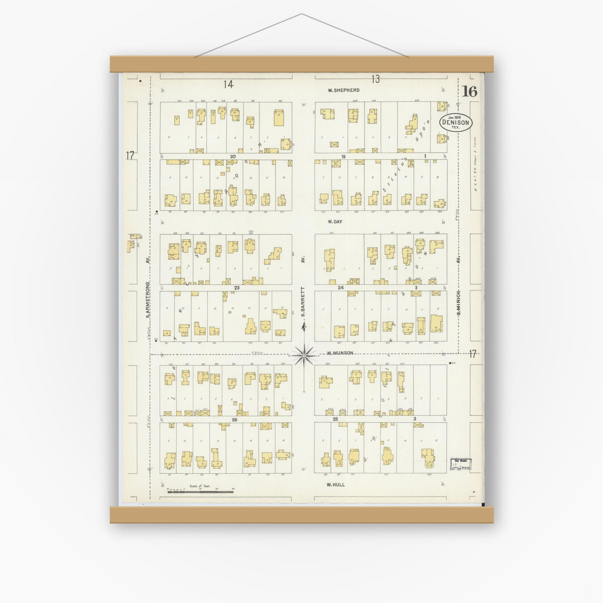 Old map wall art mockup — magnetic wood frame on white wall — Sanborn Fire Insurance Map from Denison, Grayson County, Texas (1903), Sheet #0016