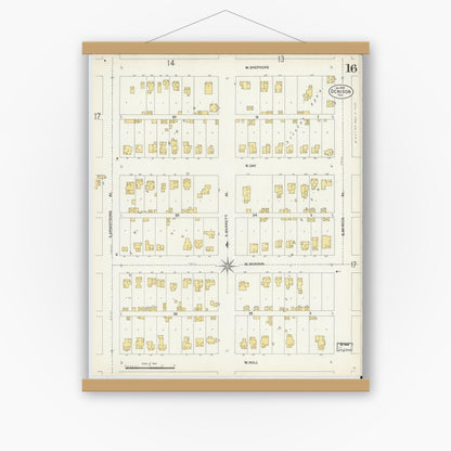 Old map wall art mockup — magnetic wood frame on white wall — Sanborn Fire Insurance Map from Denison, Grayson County, Texas (1903), Sheet #0016