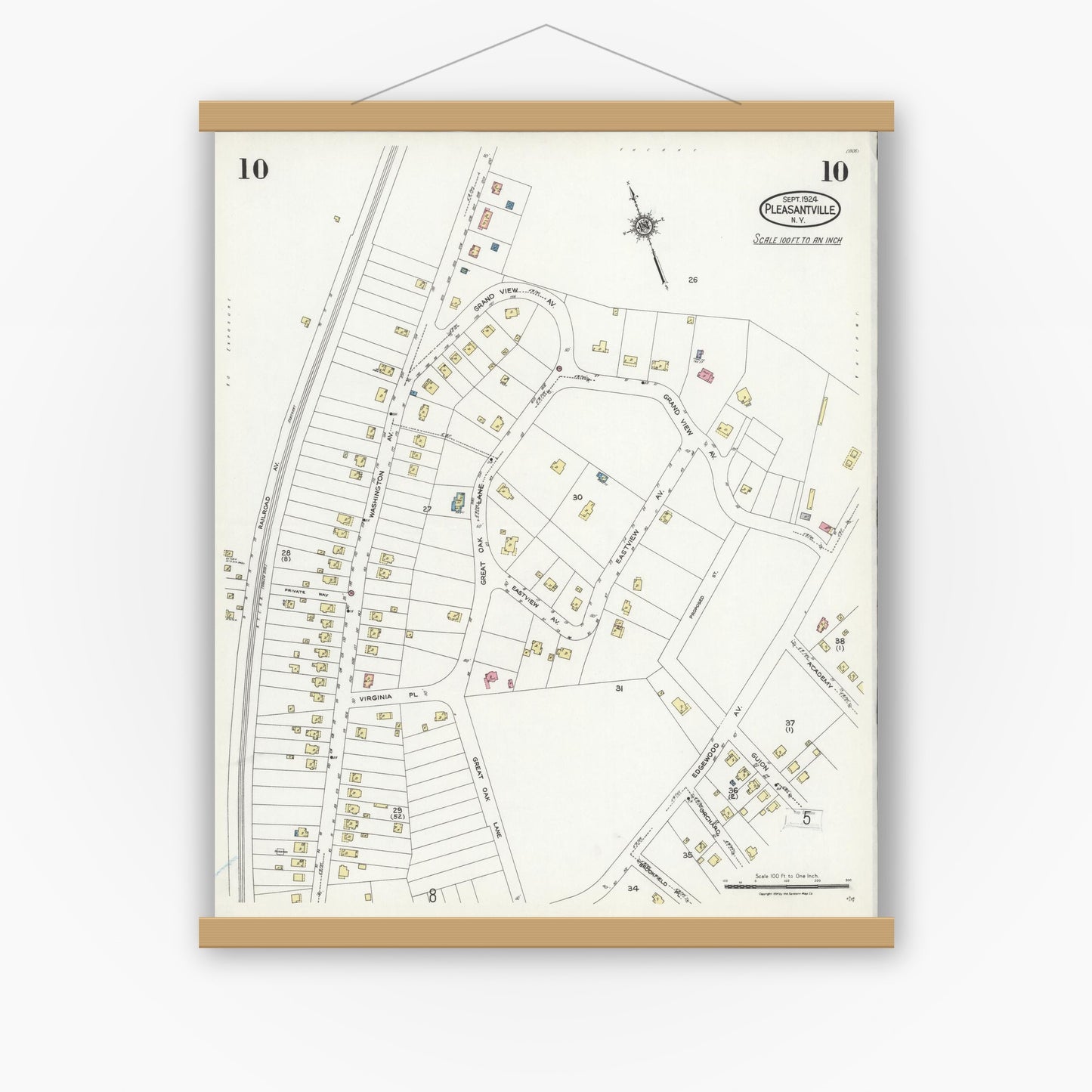 Old map wall art mockup — magnetic wood frame on white wall — Sanborn Fire Insurance Map from Pleasantville, Westchester County, New York (1924), Sheet #0010