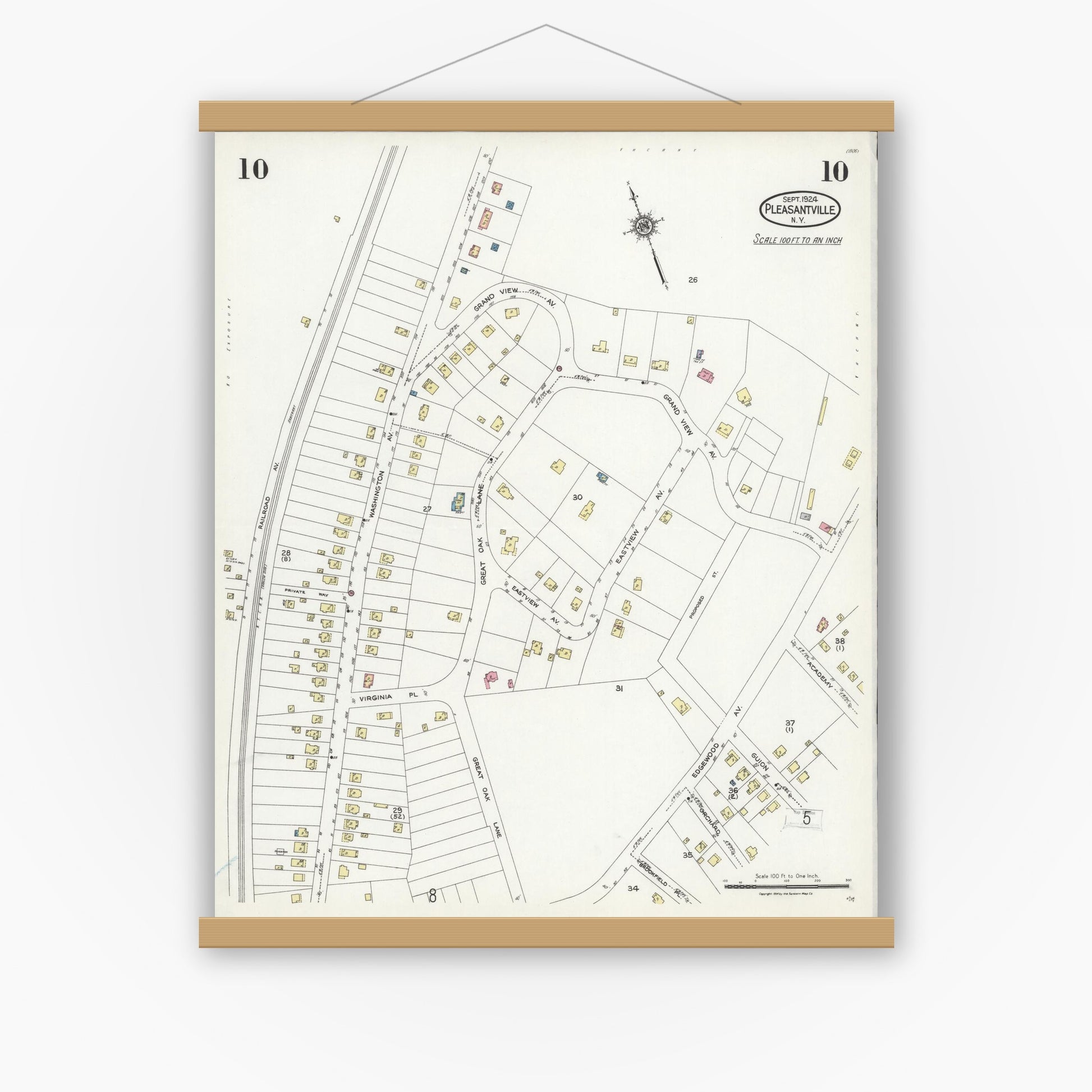 Old map wall art mockup — magnetic wood frame on white wall — Sanborn Fire Insurance Map from Pleasantville, Westchester County, New York (1924), Sheet #0010