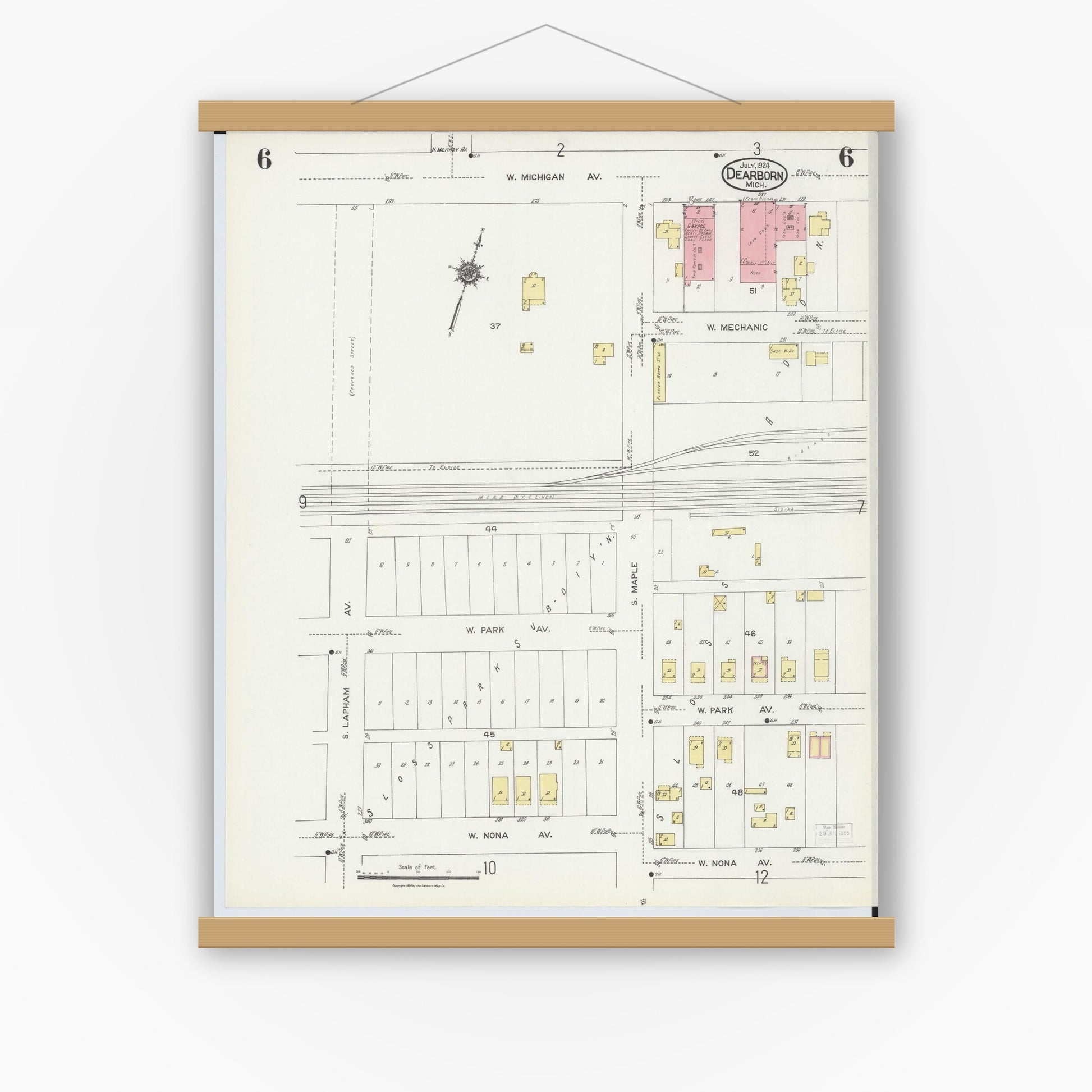 Old map wall art mockup — magnetic wood frame on white wall — Sanborn Fire Insurance Map from Dearborn, Wayne County, Michigan (1924), Sheet #0006
