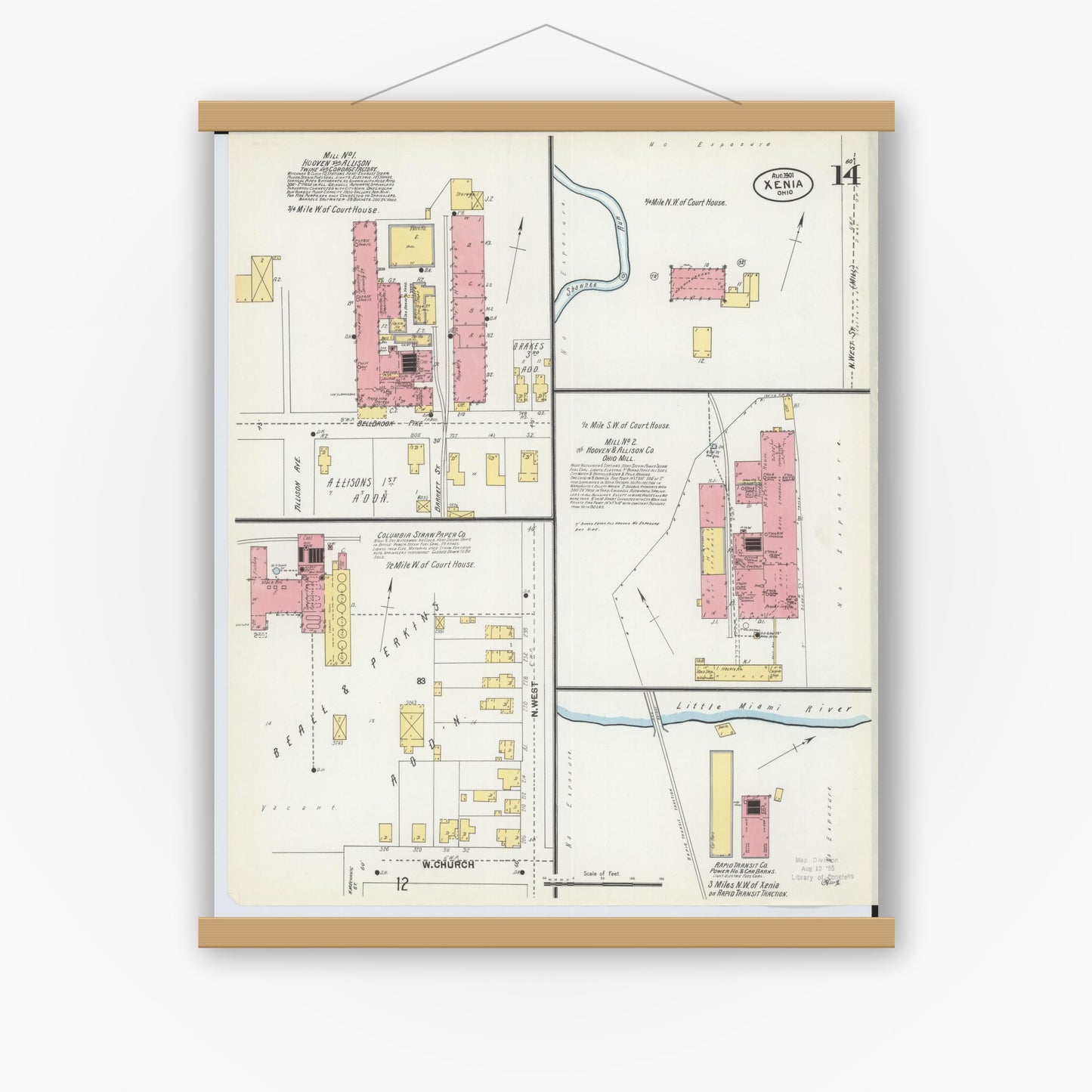 Old map wall art mockup — magnetic wood frame on white wall — Sanborn Fire Insurance Map from Xenia, Greene County, Ohio (1901), Sheet #0014