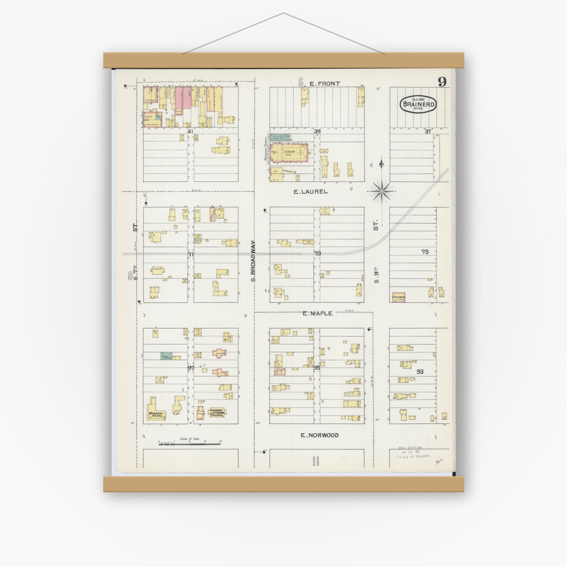 Old map wall art mockup — magnetic wood frame on white wall — Sanborn Fire Insurance Map from Brainerd, Crow Wing County, Minnesota (1892), Sheet #0009