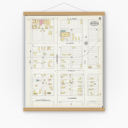 Old map wall art mockup — magnetic wood frame on white wall — Sanborn Fire Insurance Map from Brainerd, Crow Wing County, Minnesota (1892), Sheet #0009