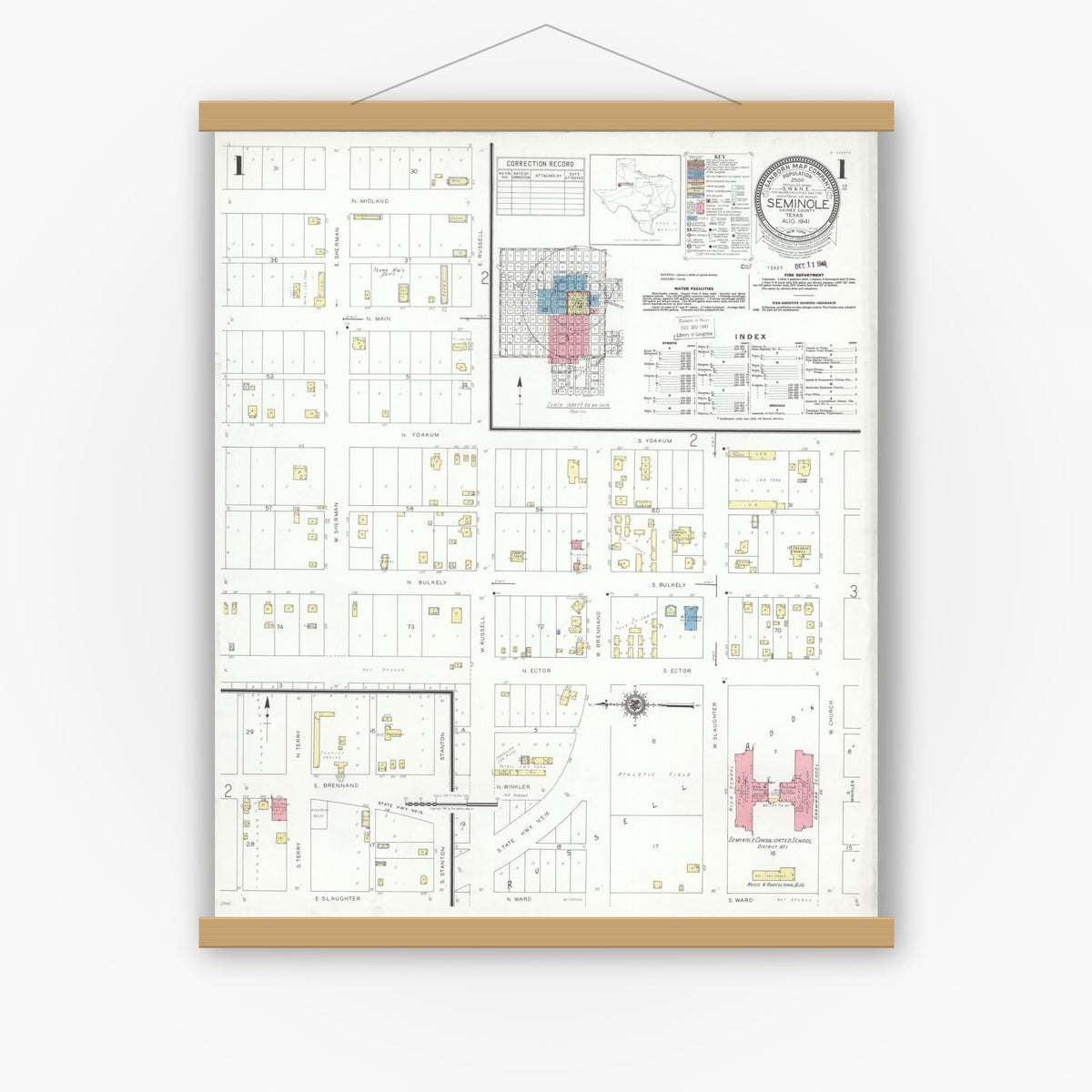 Old map wall art mockup — magnetic wood frame on white wall — Sanborn Fire Insurance Map from Seminole, Gaines County, Texas (1941) - Complete Map Set