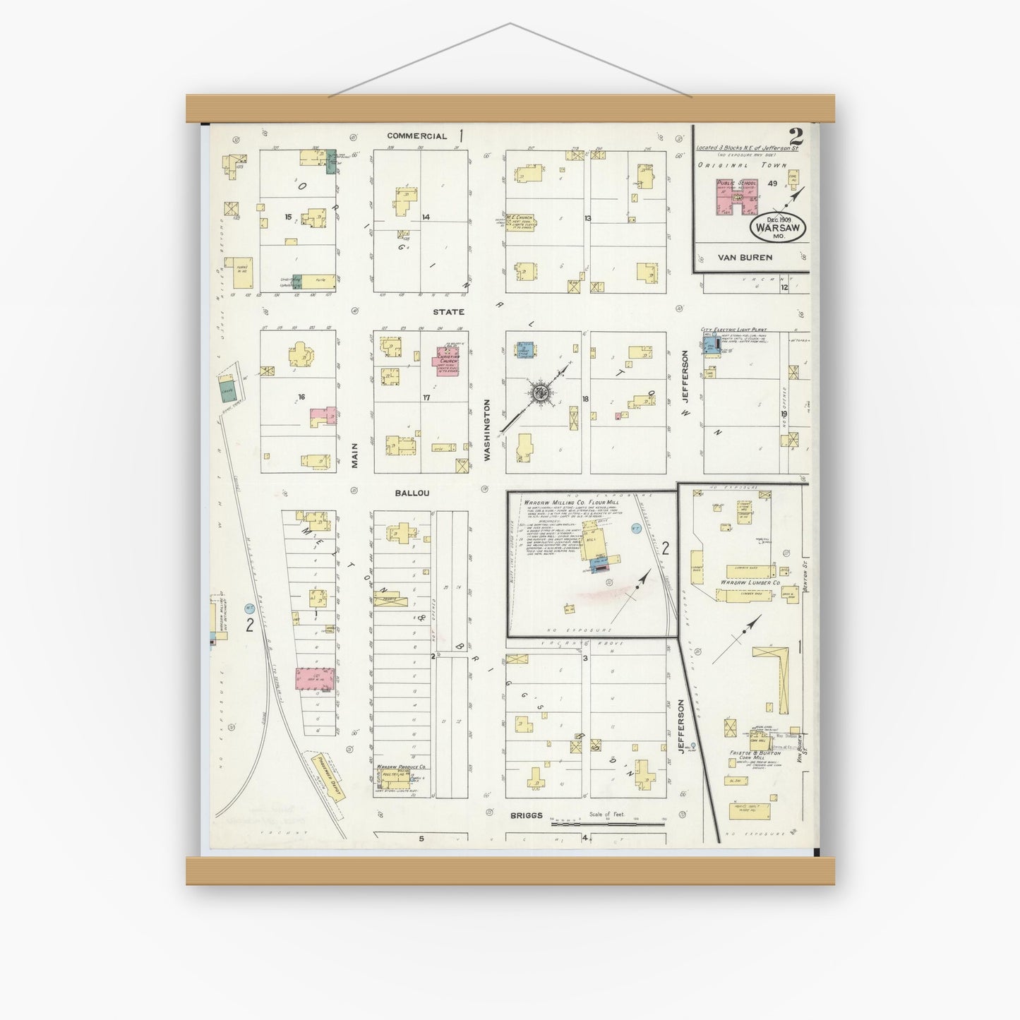 Old map wall art mockup — magnetic wood frame on white wall — Sanborn Fire Insurance Map from Warsaw, Benton County, Missouri (1909), Sheet #0002
