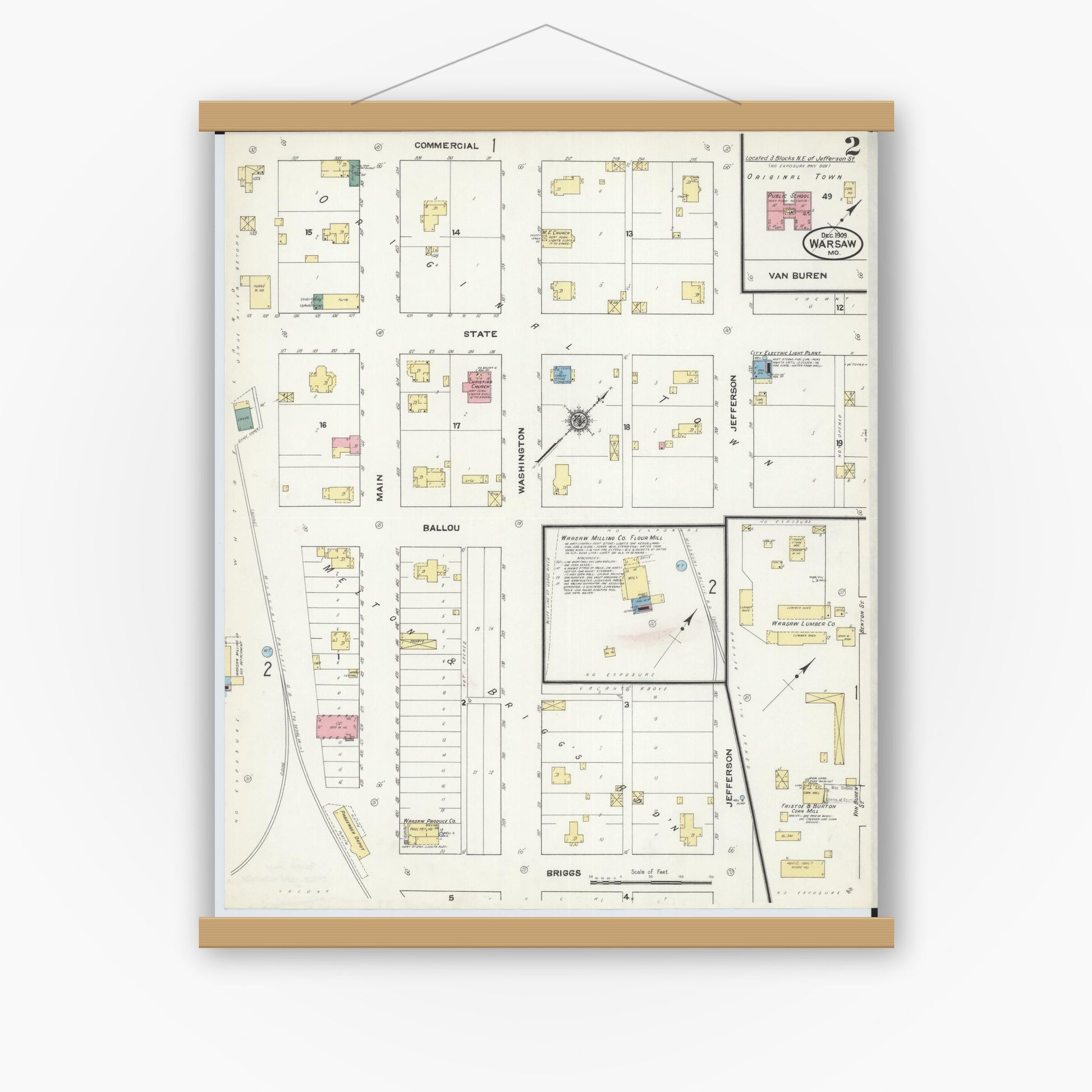 Old map wall art mockup — magnetic wood frame on white wall — Sanborn Fire Insurance Map from Warsaw, Benton County, Missouri (1909), Sheet #0002