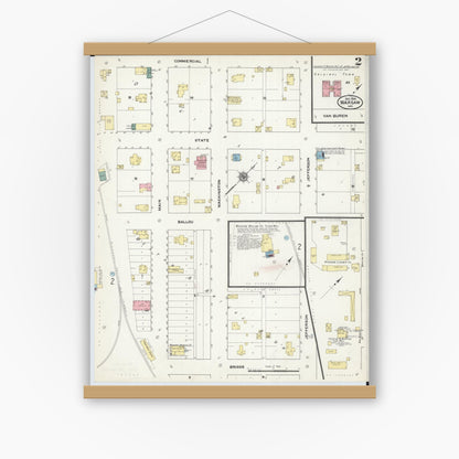 Old map wall art mockup — magnetic wood frame on white wall — Sanborn Fire Insurance Map from Warsaw, Benton County, Missouri (1909), Sheet #0002