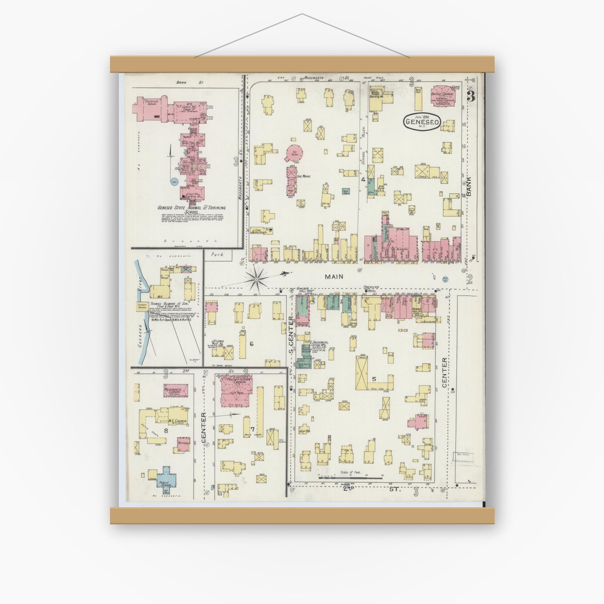 Old map wall art mockup — magnetic wood frame on white wall — Sanborn Fire Insurance Map from Geneseo, Livingston County, New York (1894), Sheet #0003