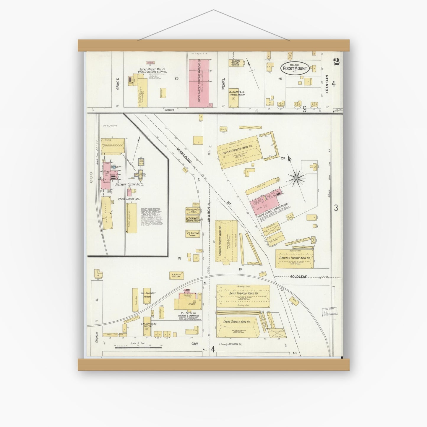 Old map wall art mockup — magnetic wood frame on white wall — Sanborn Fire Insurance Map from Rocky Mount, Edgecombe And Nash Counties, North Carolina (1901), Sheet #0002