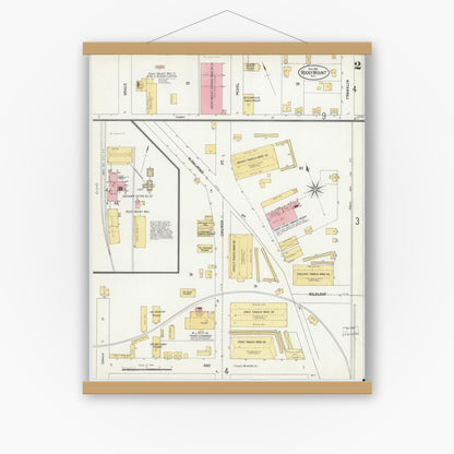 Old map wall art mockup — magnetic wood frame on white wall — Sanborn Fire Insurance Map from Rocky Mount, Edgecombe And Nash Counties, North Carolina (1901), Sheet #0002