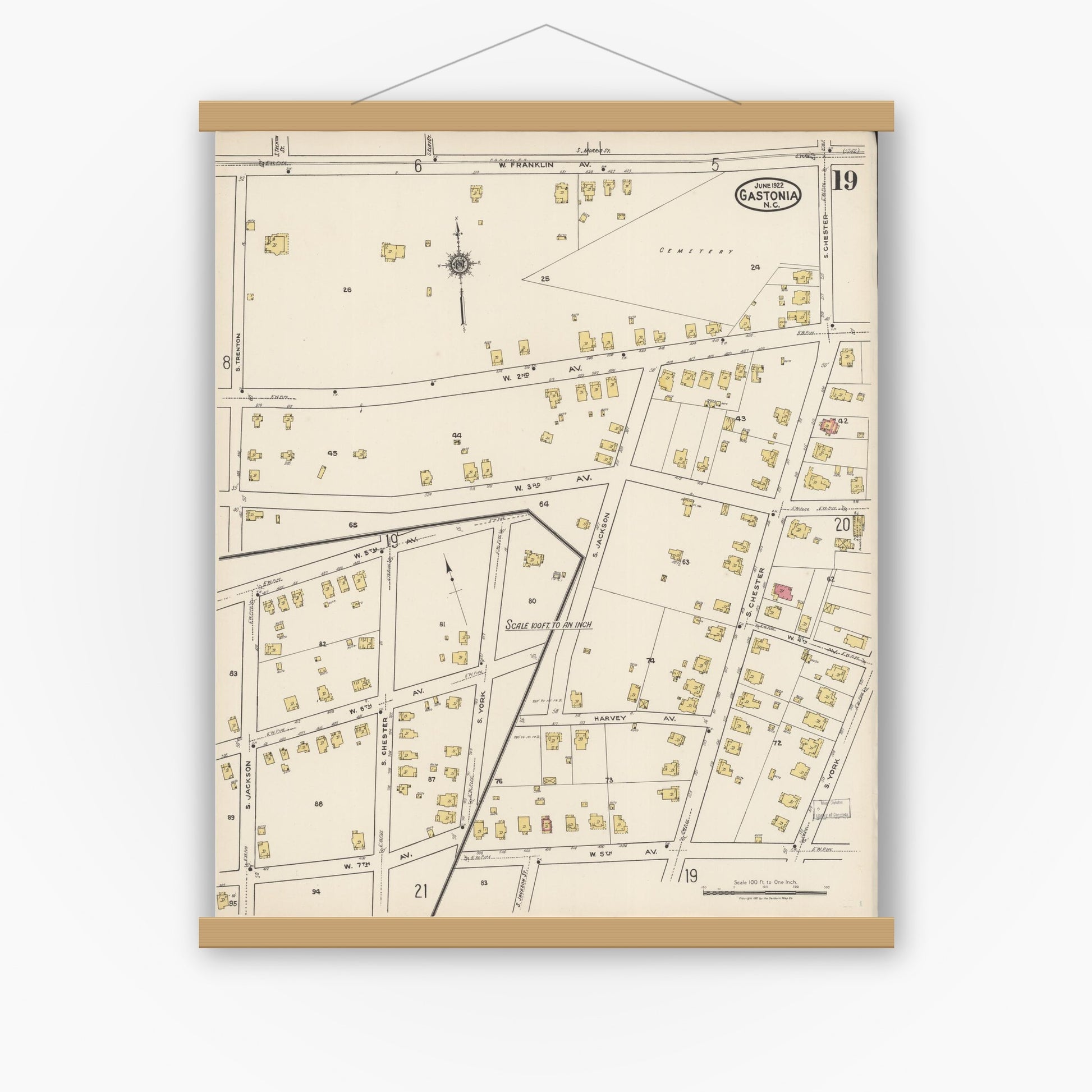 Old map wall art mockup — magnetic wood frame on white wall — Sanborn Fire Insurance Map from Gastonia, Gaston County, North Carolina (1922), Sheet #0019