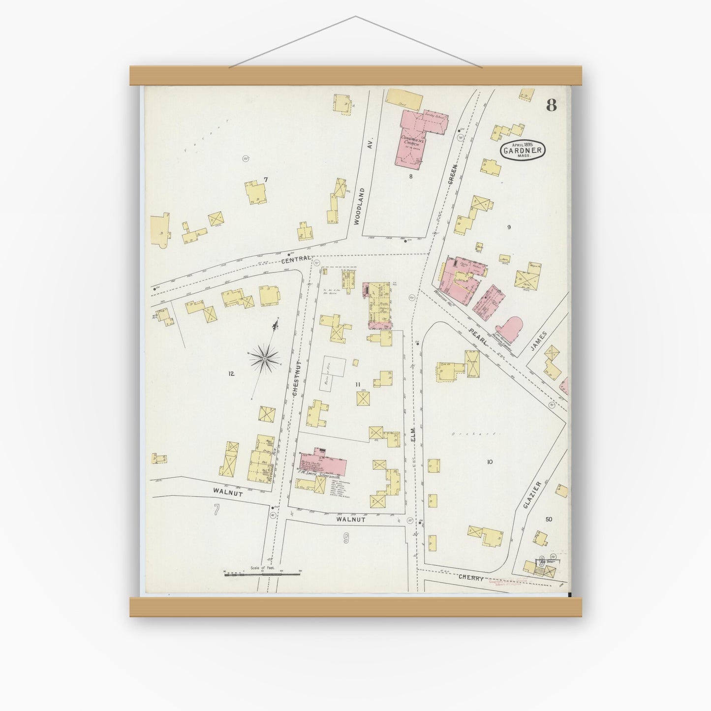 Old map wall art mockup — magnetic wood frame on white wall — Sanborn Fire Insurance Map from Gardner, Worcester County, Massachusetts (1895), Sheet #0008