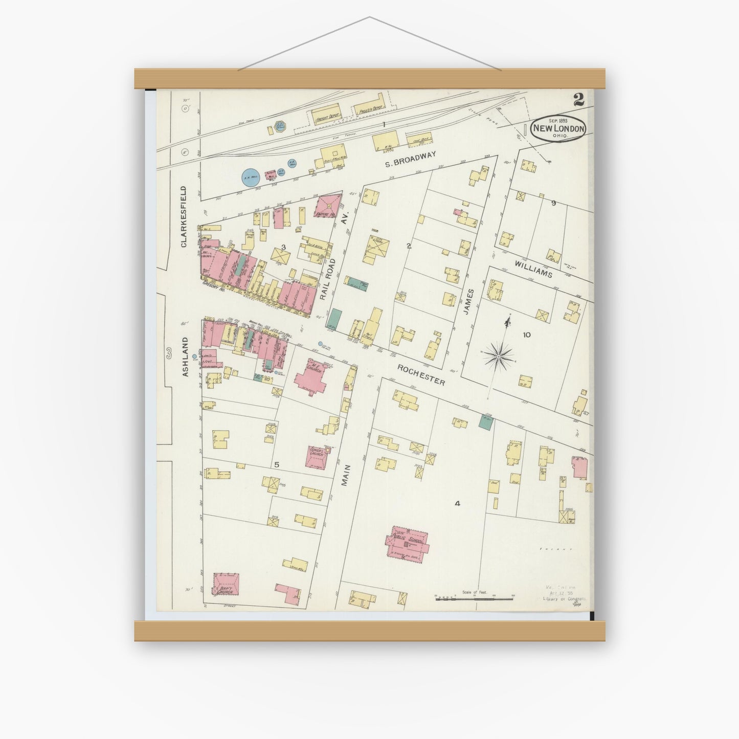 Old map wall art mockup — magnetic wood frame on white wall — Sanborn Fire Insurance Map from New London, Huron County, Ohio (1893), Sheet #0002
