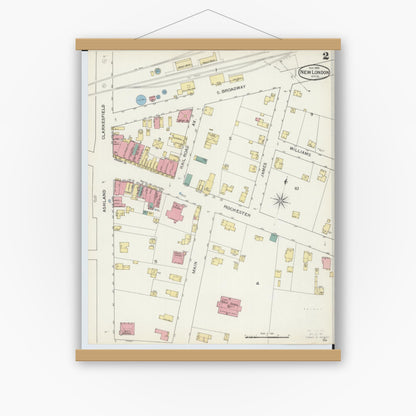 Old map wall art mockup — magnetic wood frame on white wall — Sanborn Fire Insurance Map from New London, Huron County, Ohio (1893), Sheet #0002