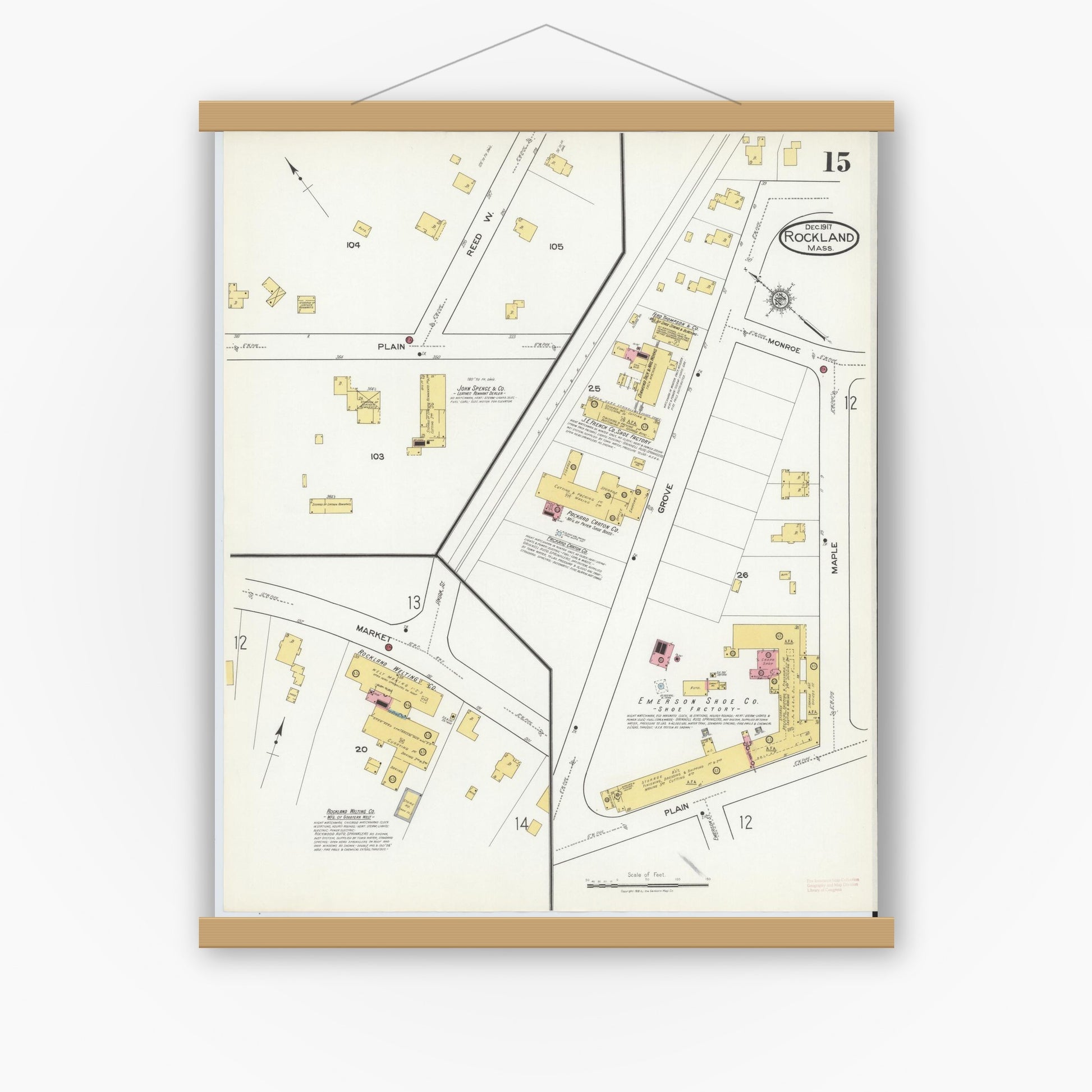 Old map wall art mockup — magnetic wood frame on white wall — Sanborn Fire Insurance Map from Rockland, Plymouth County, Massachusetts (1917), Sheet #0015