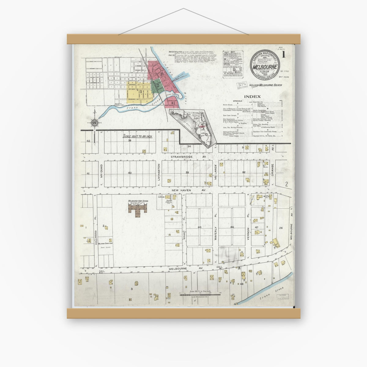 Old map wall art mockup — magnetic wood frame on white wall — Sanborn Fire Insurance Map from Melbourne, Brevard County, Florida (1920) - Complete Map Set