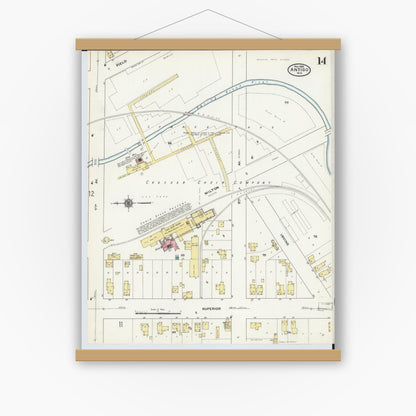 Old map wall art mockup — magnetic wood frame on white wall — Sanborn Fire Insurance Map from Antigo, Langlade County, Wisconsin (1909), Sheet #0014