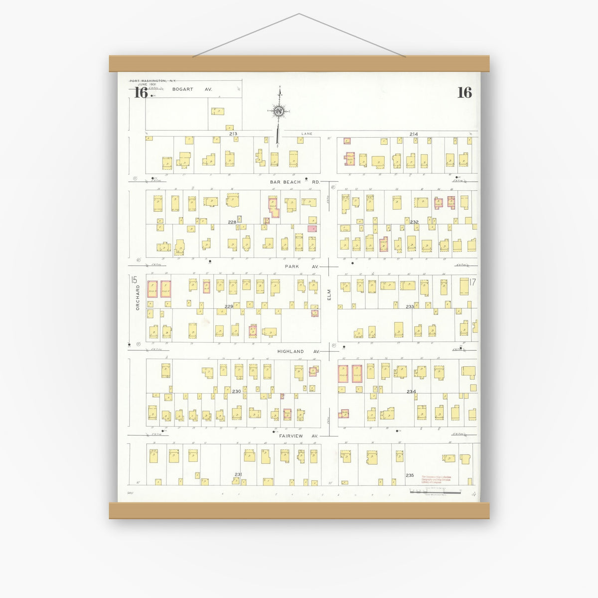 Old map wall art mockup — magnetic wood frame on white wall — Sanborn Fire Insurance Map from Port Washington, Nassau County, New York (1931), Sheet #0016
