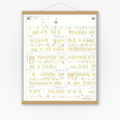 Old map wall art mockup — magnetic wood frame on white wall — Sanborn Fire Insurance Map from Port Washington, Nassau County, New York (1931), Sheet #0016