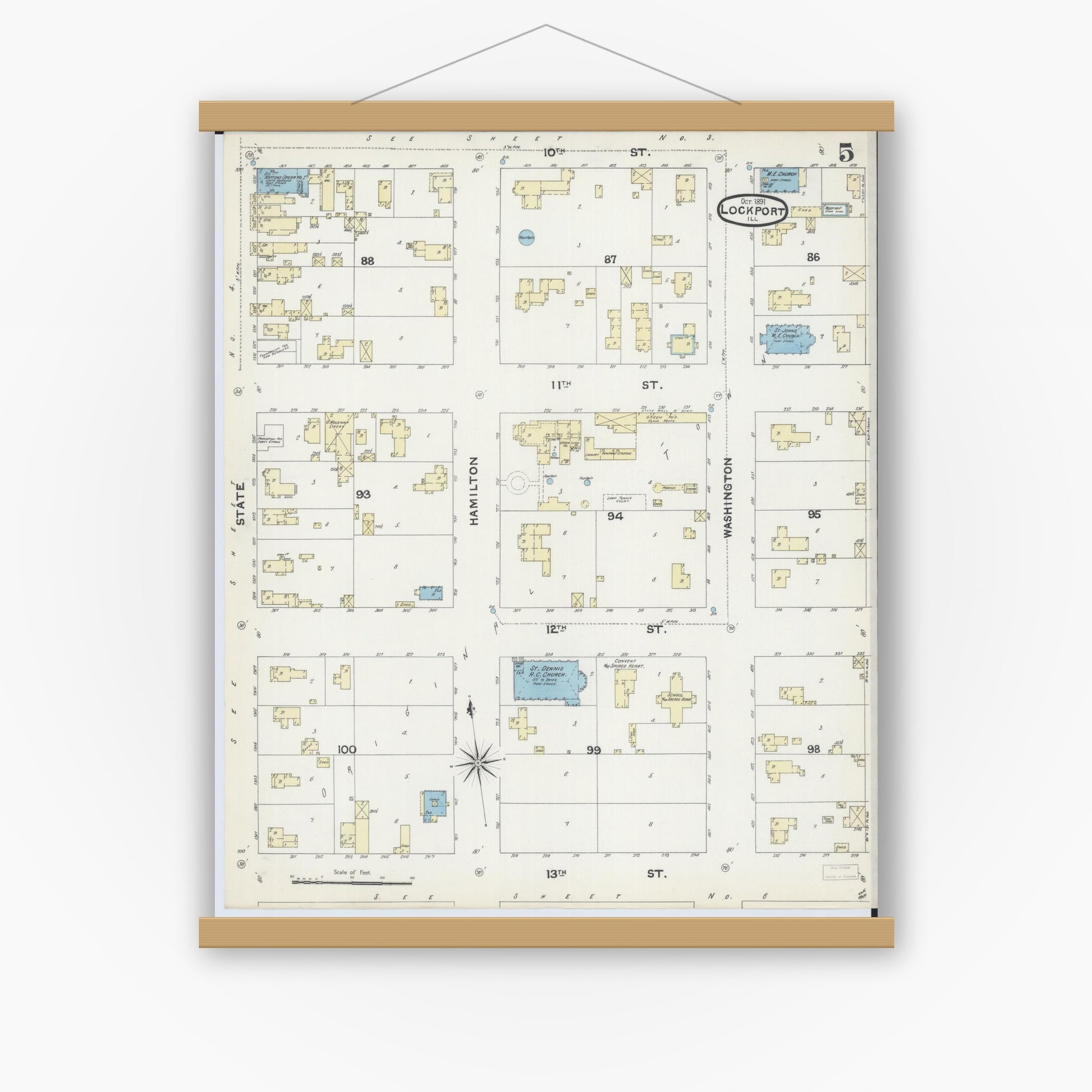 Old map wall art mockup — magnetic wood frame on white wall — Sanborn Fire Insurance Map from Lockport, Will County, Illinois (1891), Sheet #0005
