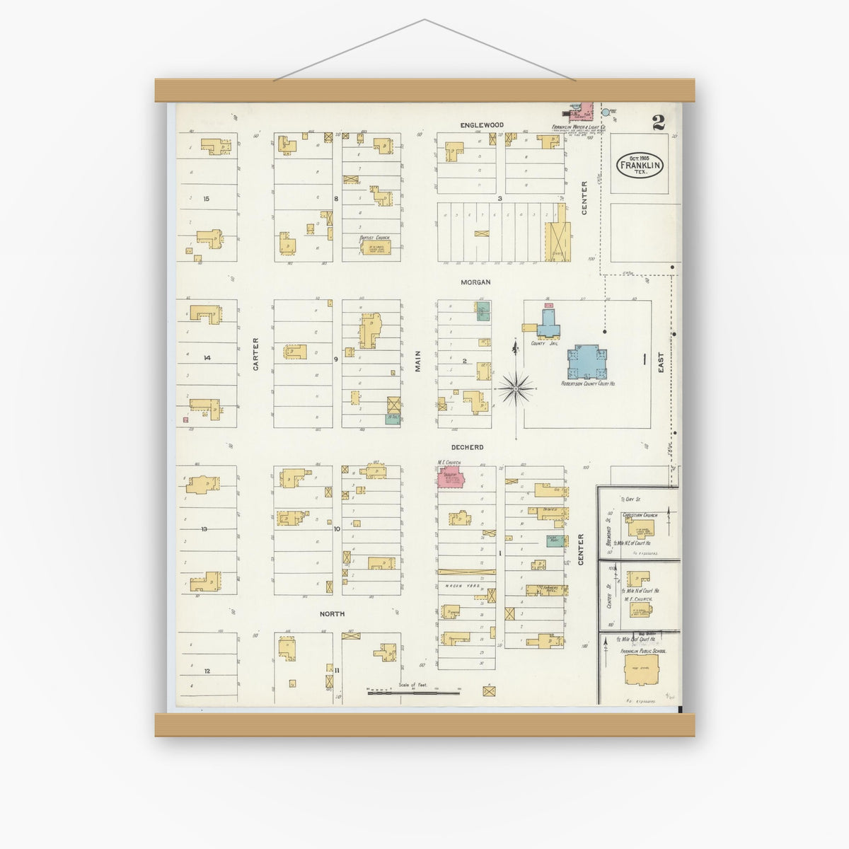 Old map wall art mockup — magnetic wood frame on white wall — Sanborn Fire Insurance Map from Franklin, Robertson County, Texas (1905), Sheet #0002