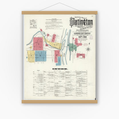 Old map wall art mockup — magnetic wood frame on white wall — Sanborn Fire Insurance Map from Slatington, Lehigh County, Pennsylvania (1908) - Complete Map Set