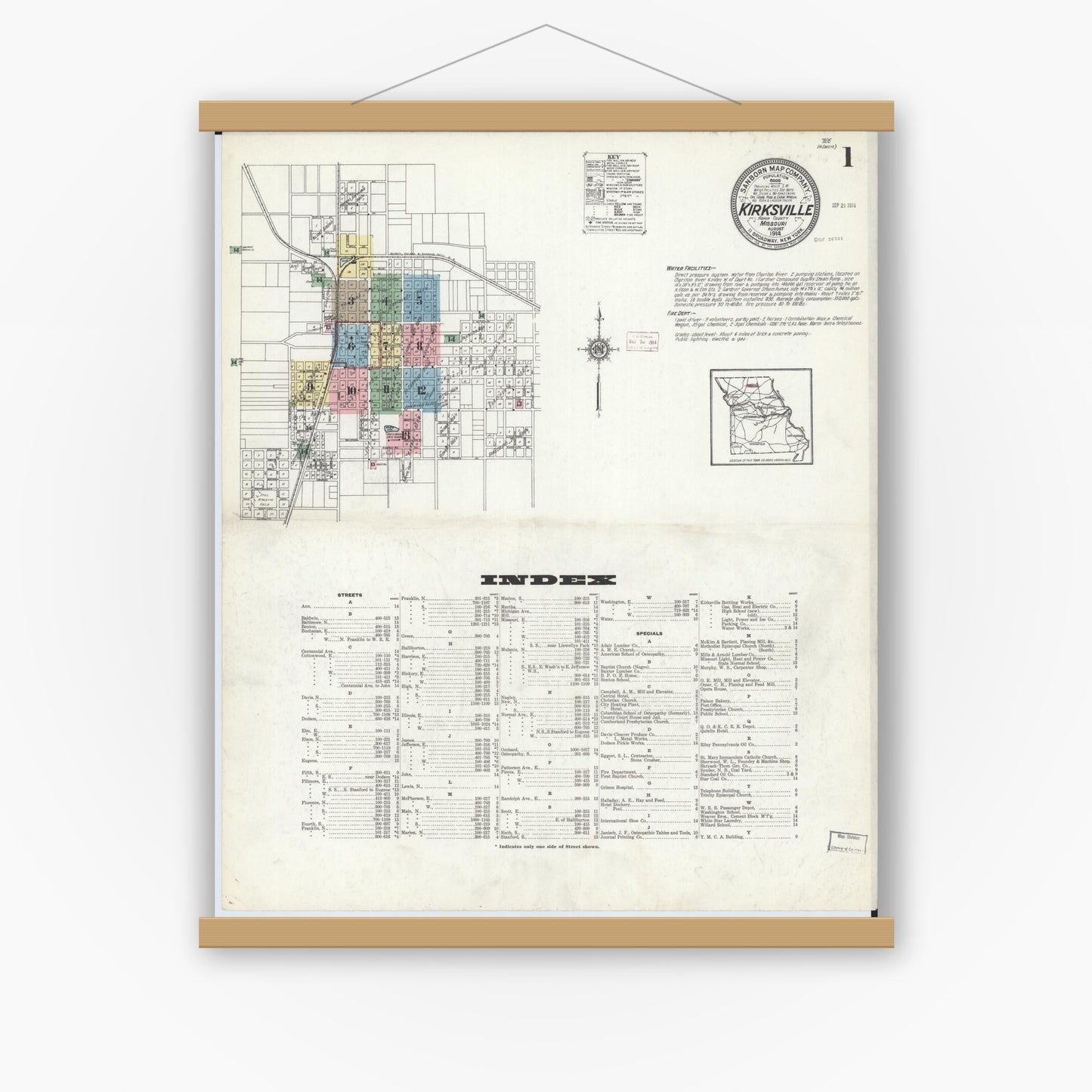 Old map wall art mockup — magnetic wood frame on white wall — Sanborn Fire Insurance Map from Kirksville, Adair County, Missouri (1914) - Complete Map Set