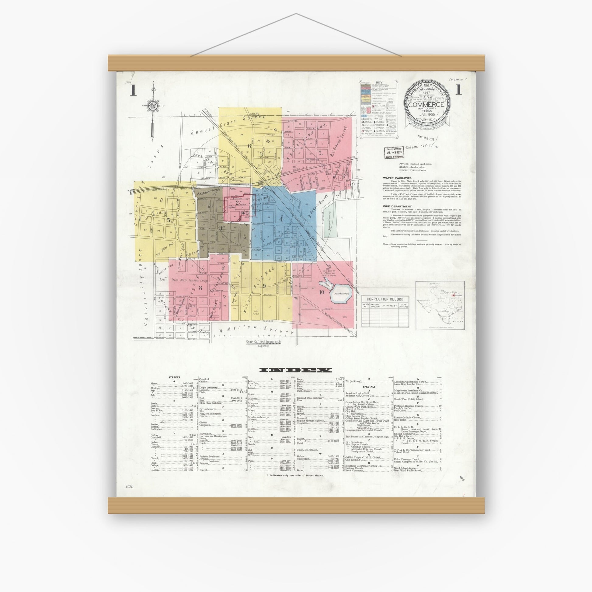 Old map wall art mockup — magnetic wood frame on white wall — Sanborn Fire Insurance Map from Commerce, Hunt County, Texas (1933), Sheet #0001