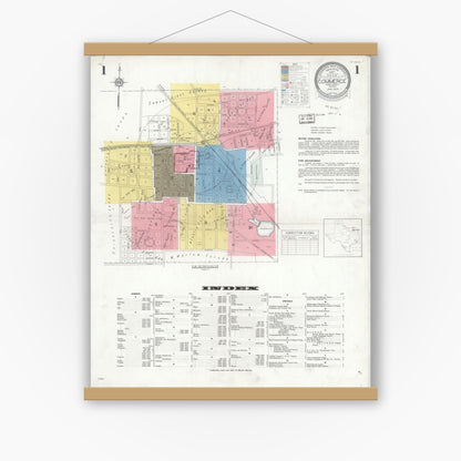 Old map wall art mockup — magnetic wood frame on white wall — Sanborn Fire Insurance Map from Commerce, Hunt County, Texas (1933), Sheet #0001